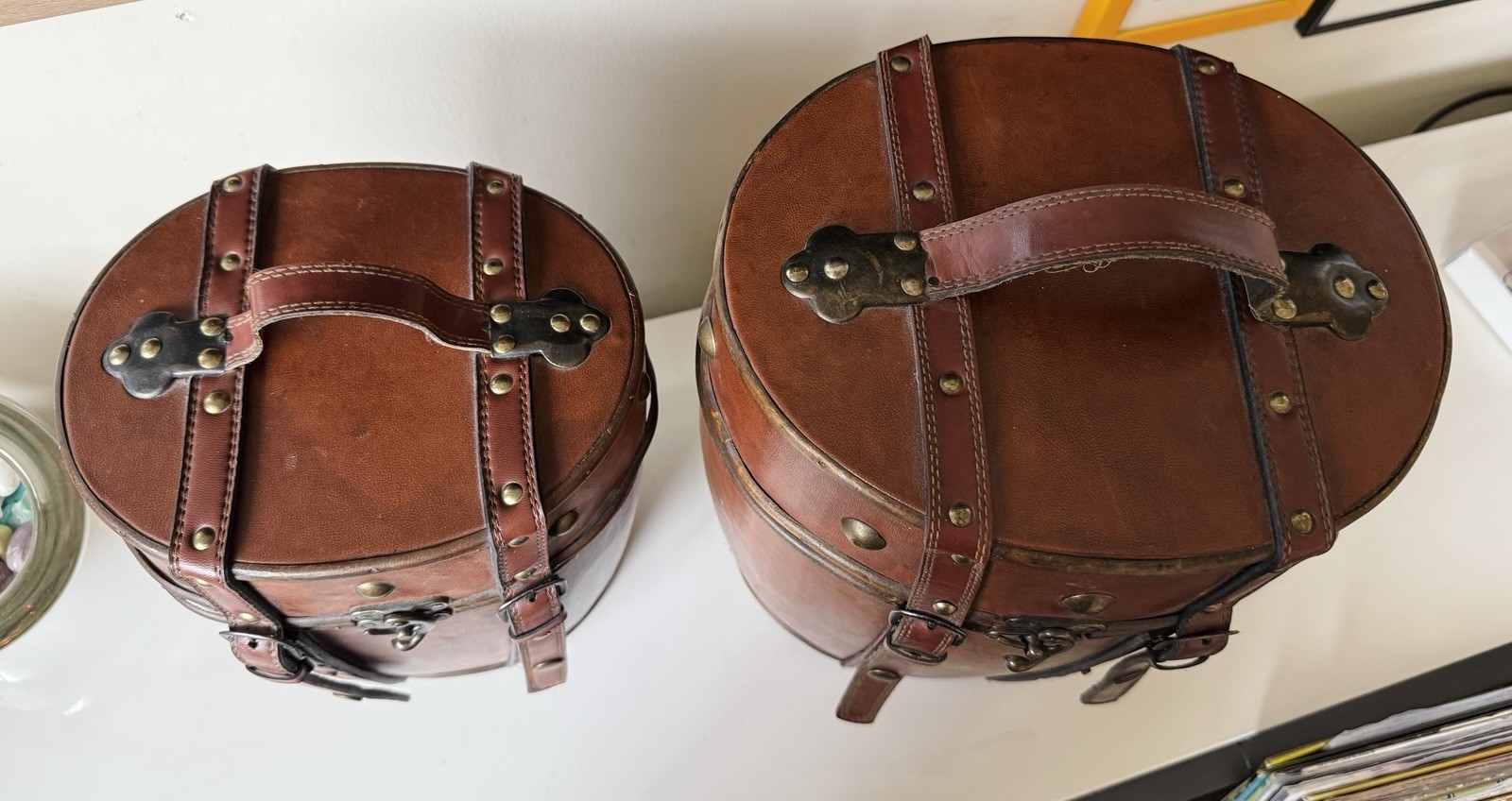 True Vintage Brown Leather Hard Hat Box Travel Cases Set of 2 Locking