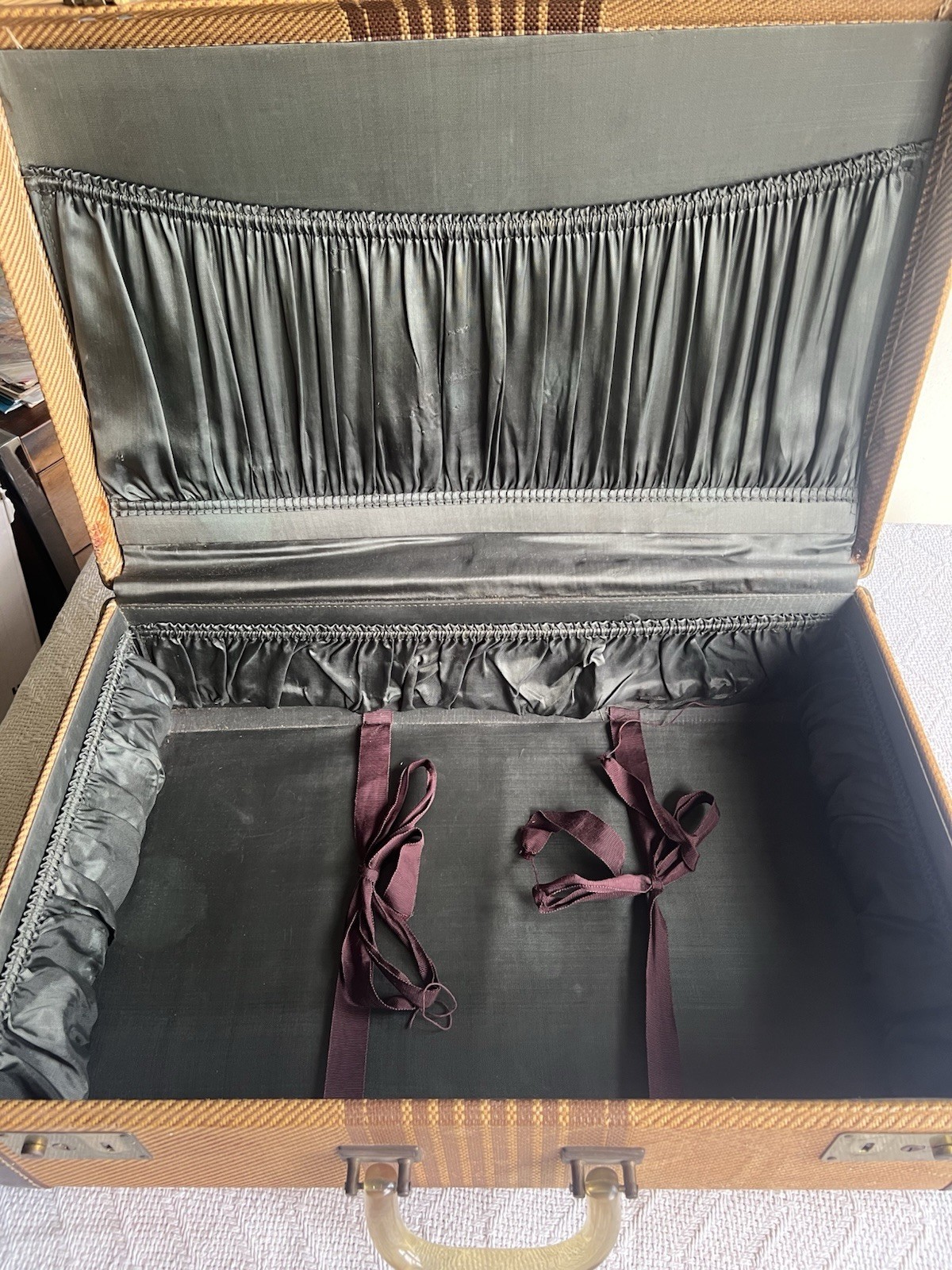 Vintage 1940–50 Striped Tweed Hard Shell Suitcase Brass Hardware Satin Interior