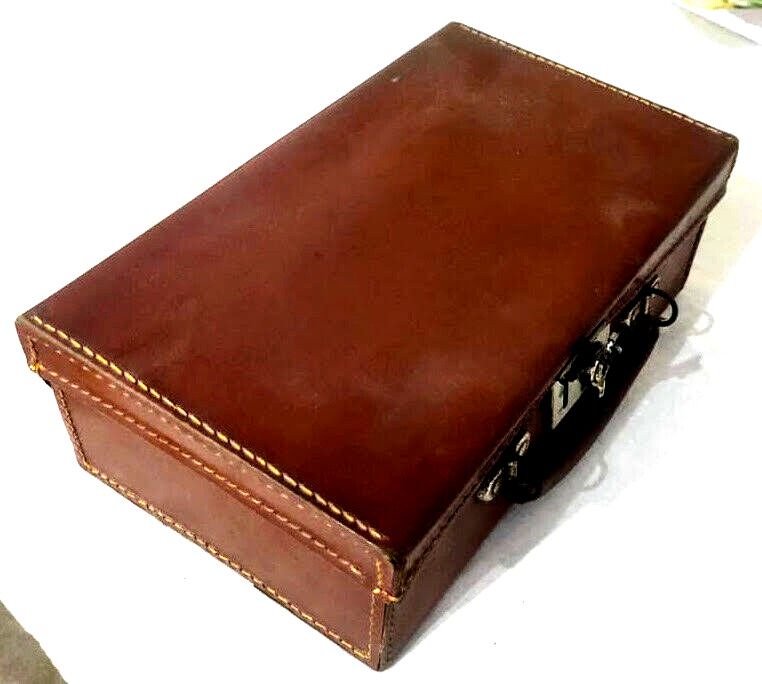 Vintage Hard Leather Case Center Lock With Key, Leather Handle Push locking key