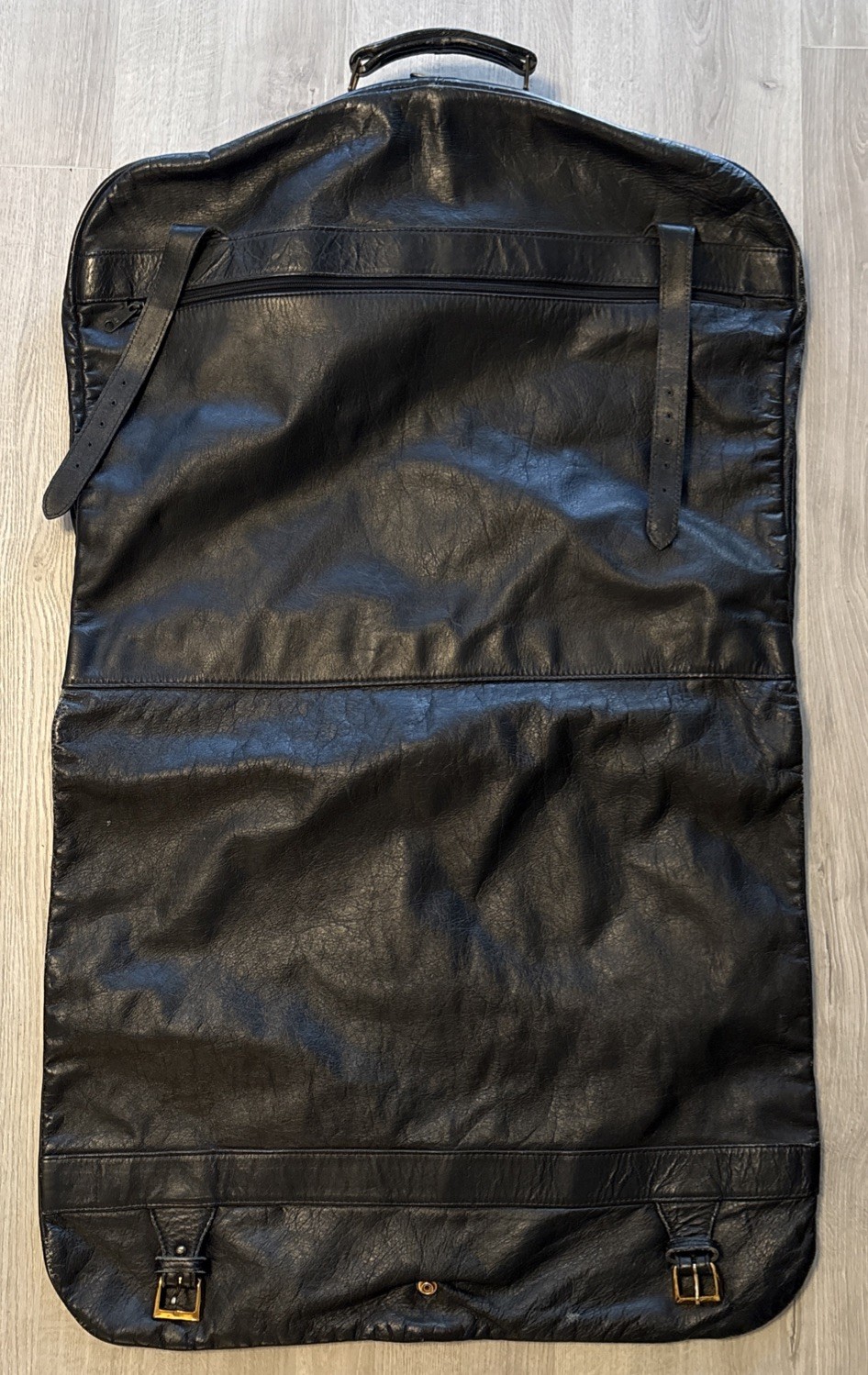 Vintage Black Leather Garment Bag Japanese Foldable Buckles 38” Long