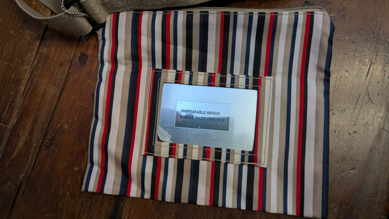American Tourister 2 Pc Striped Travel Bag Purse, Matching Makeup Purse Name Tag
