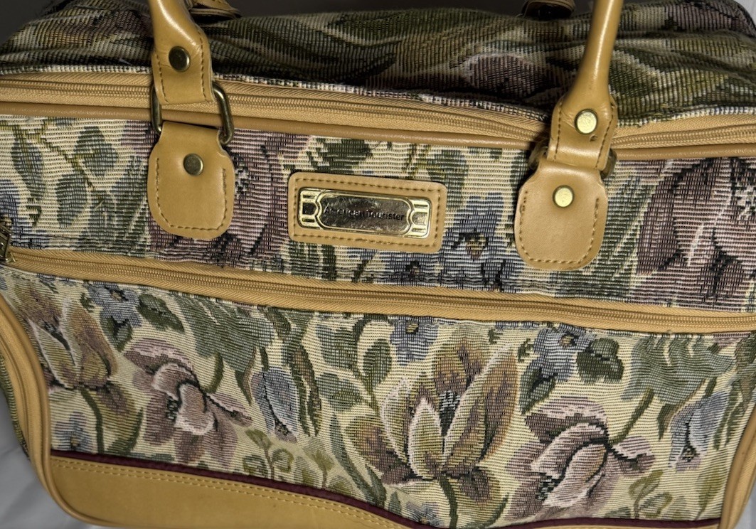 Vintage Floral Tapestry Travel Bag Canvas & Faux Leather Beige