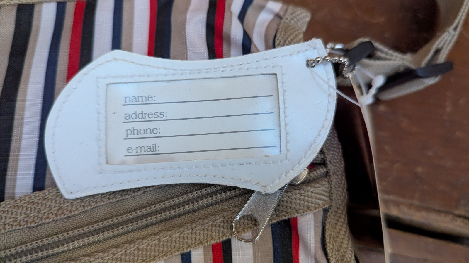 American Tourister 2 Pc Striped Travel Bag Purse, Matching Makeup Purse Name Tag