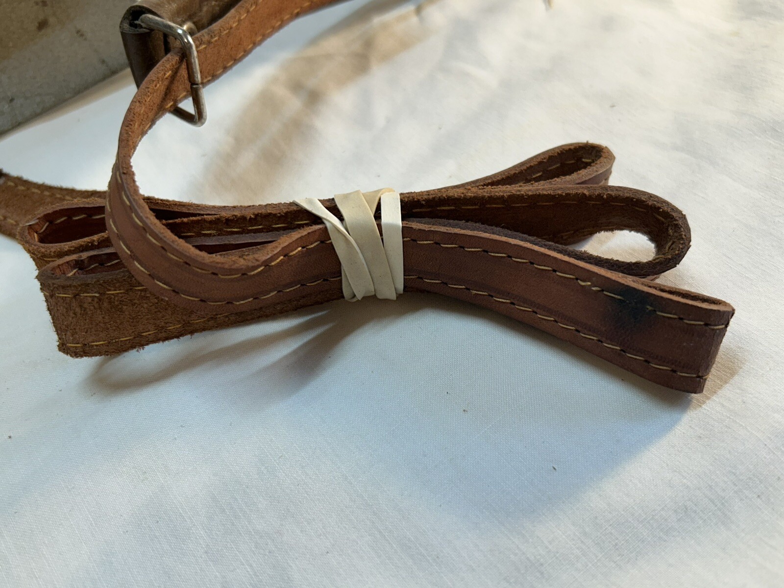 Vintage Luggage Caddy Metal Travel Cart Leather strap Rolling READ H8