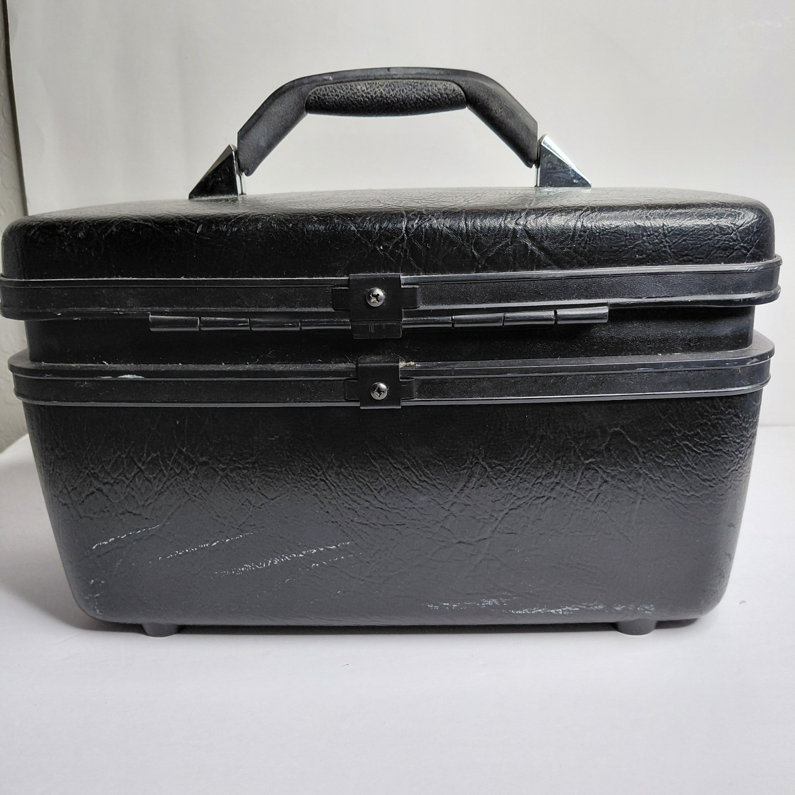 Vtg Samsonite Black Train Case Cosmetic Travel Case w/ Handle & Locking Latch