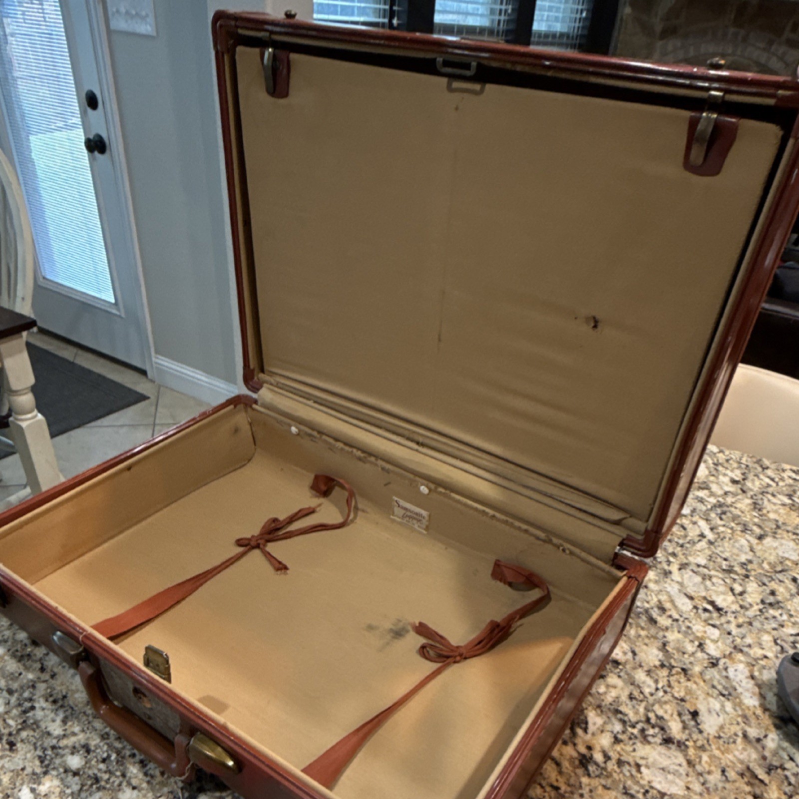Samsonite Vintage Brown Leather Hard Shell Suitcase w/ AA Valet Tag