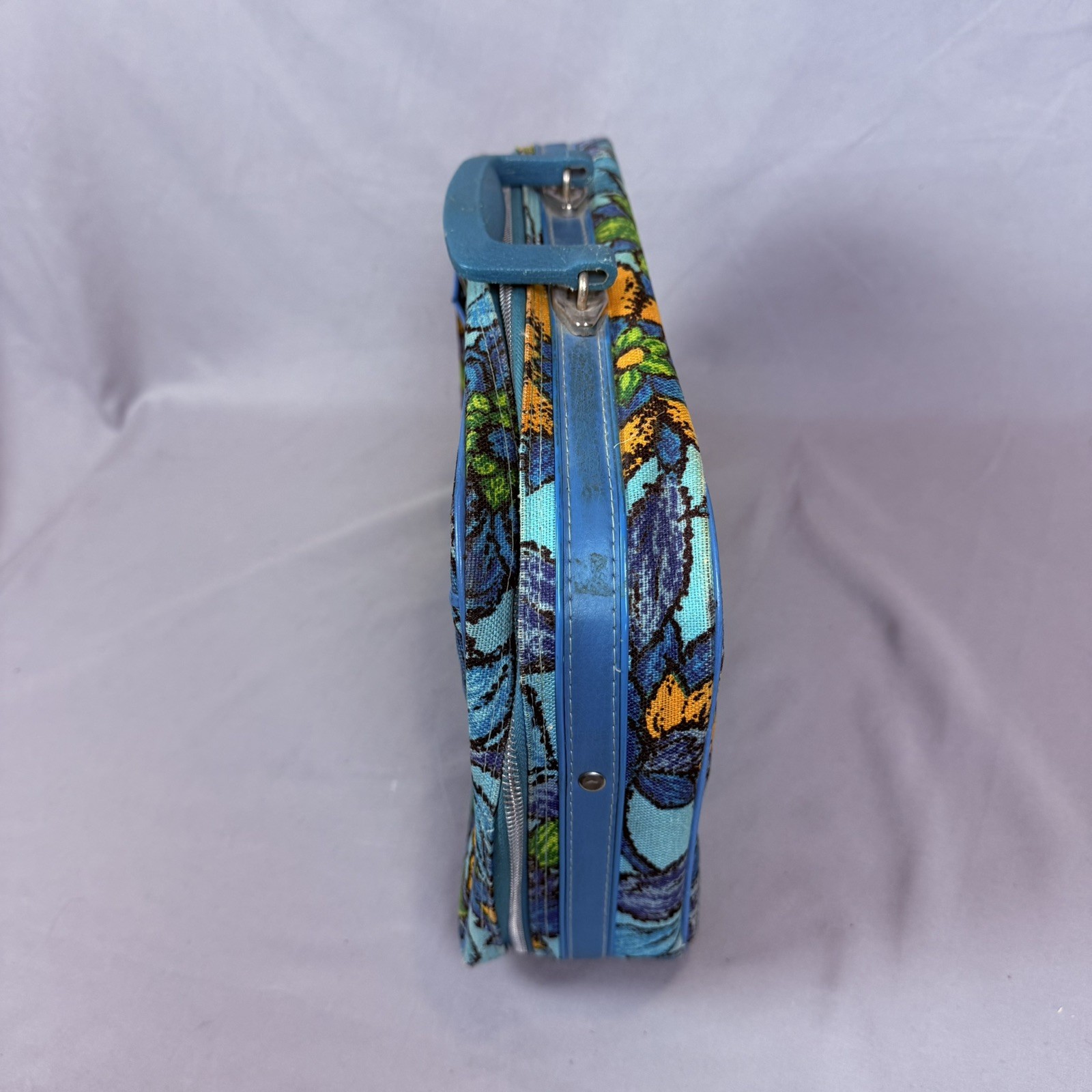 Vintage 1960s Montgomery Ward Stratolite Blue Floral Suitcase Retro MCM Hippie