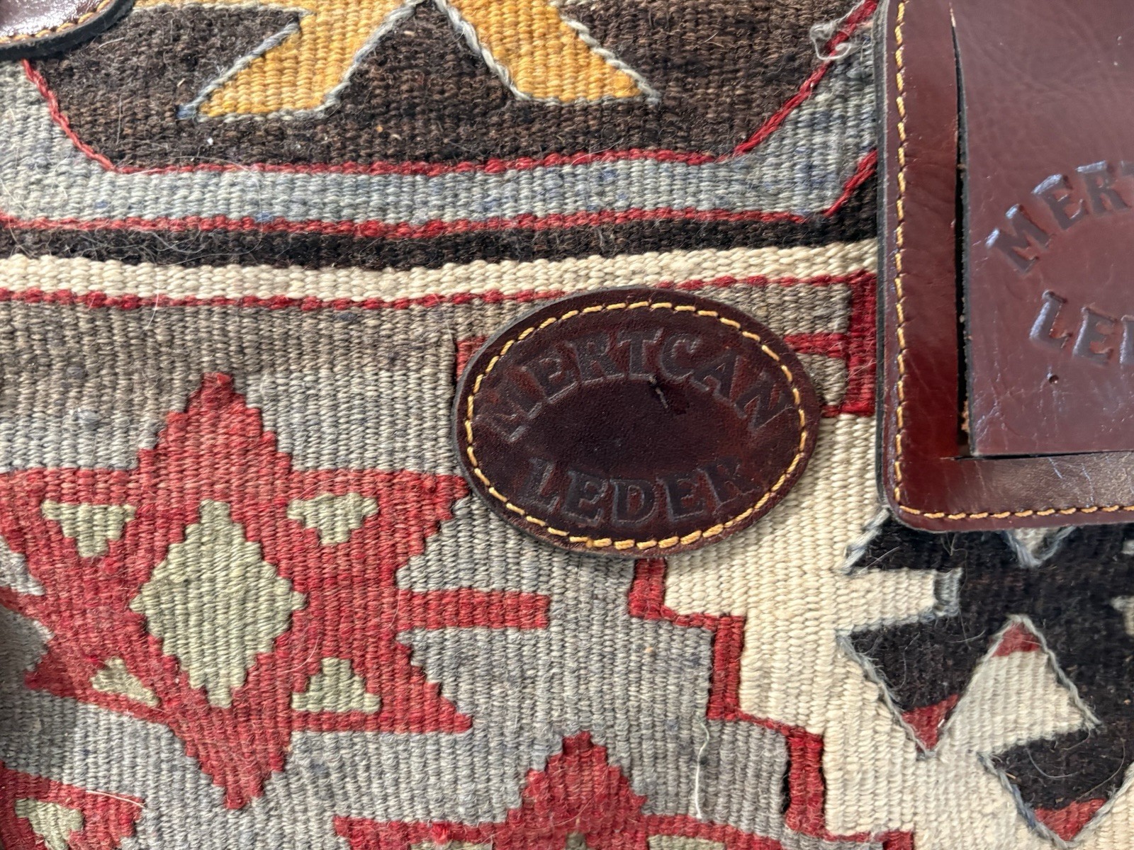 Vintage Leather & Kilim Carry On Travel Weekender Luggage Carpet Bag Overnight