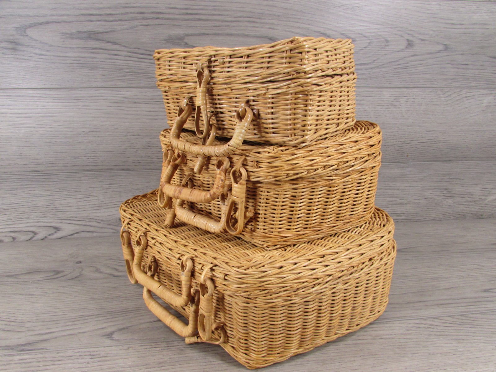 Vintage Woven Rattan Wicker Carrying Cases Suitcases Boho Chic Decor Set of 3