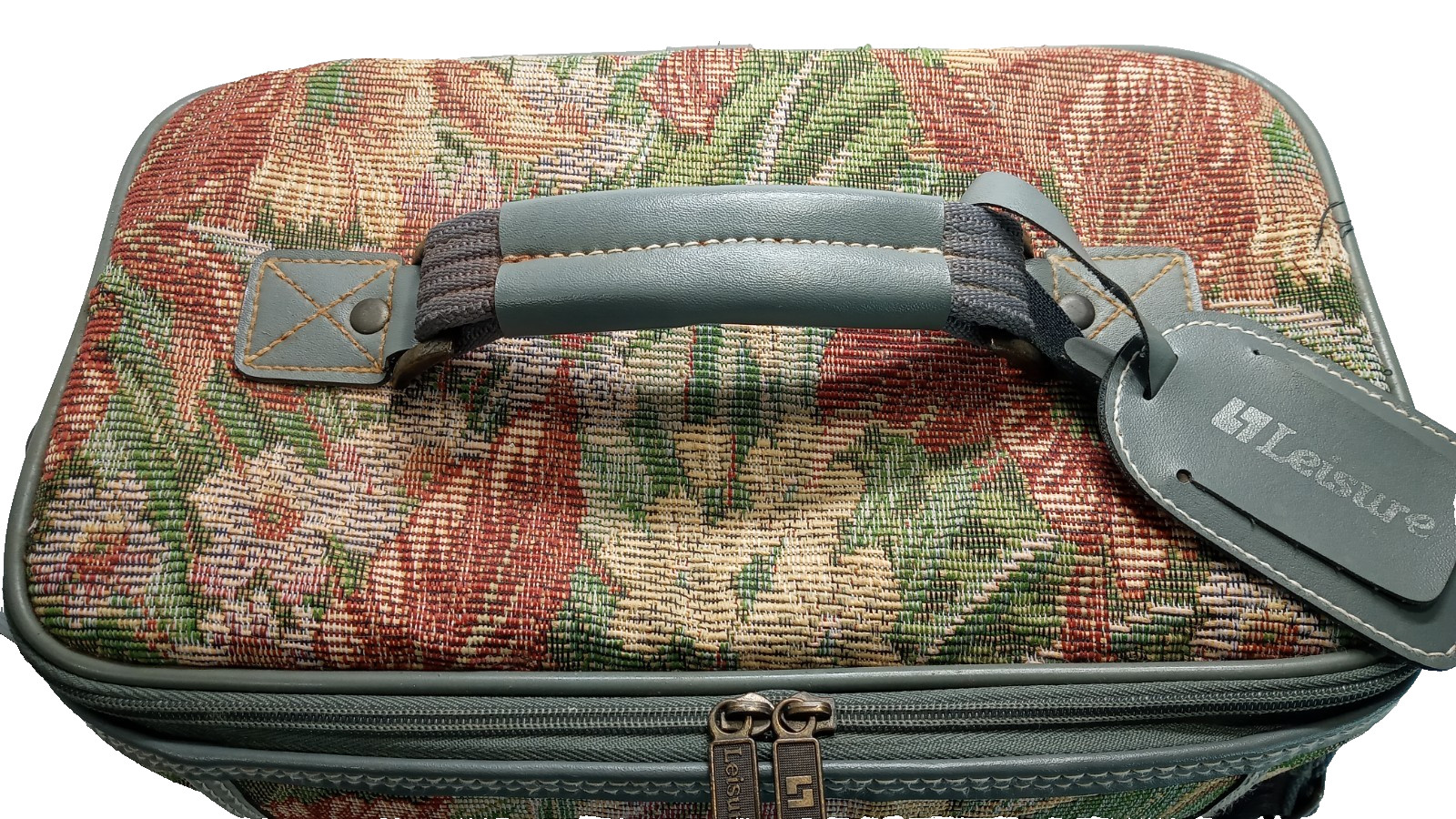 Vintage 80s LIESURE Vanity Train Case Cosmetic Bag Green Floral Tapestry Fabric