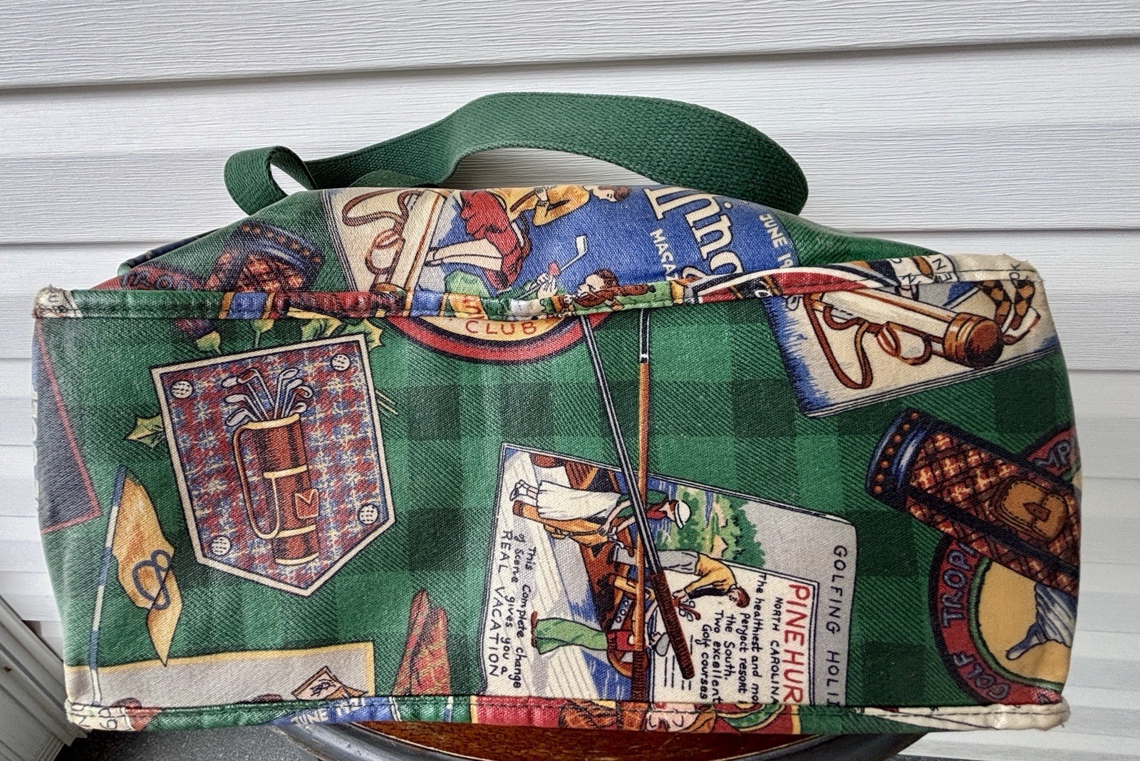 Vtg Nordic House Designs Tote Shoulder Bag Golf Theme Coated Canvas Leather Trim