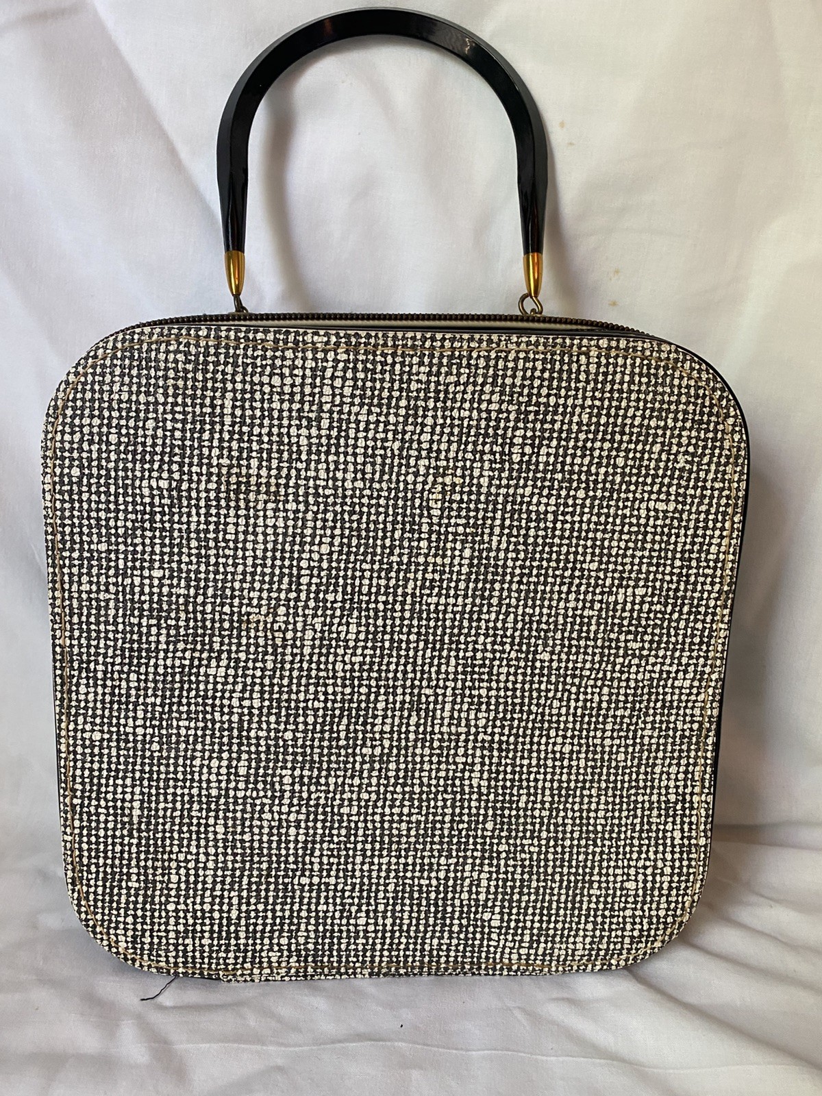 Vintage Travel Makeup Hardshell Case Black & White Tweed Look w Patent