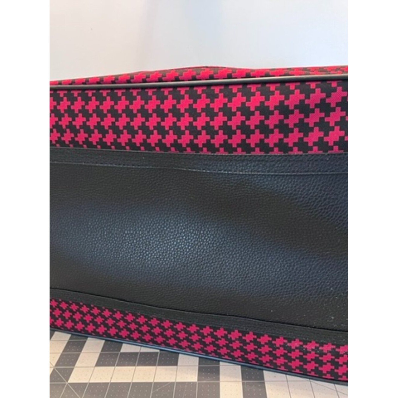 Vintage rolling suitcase distinctive red and black houndstooth collapsible