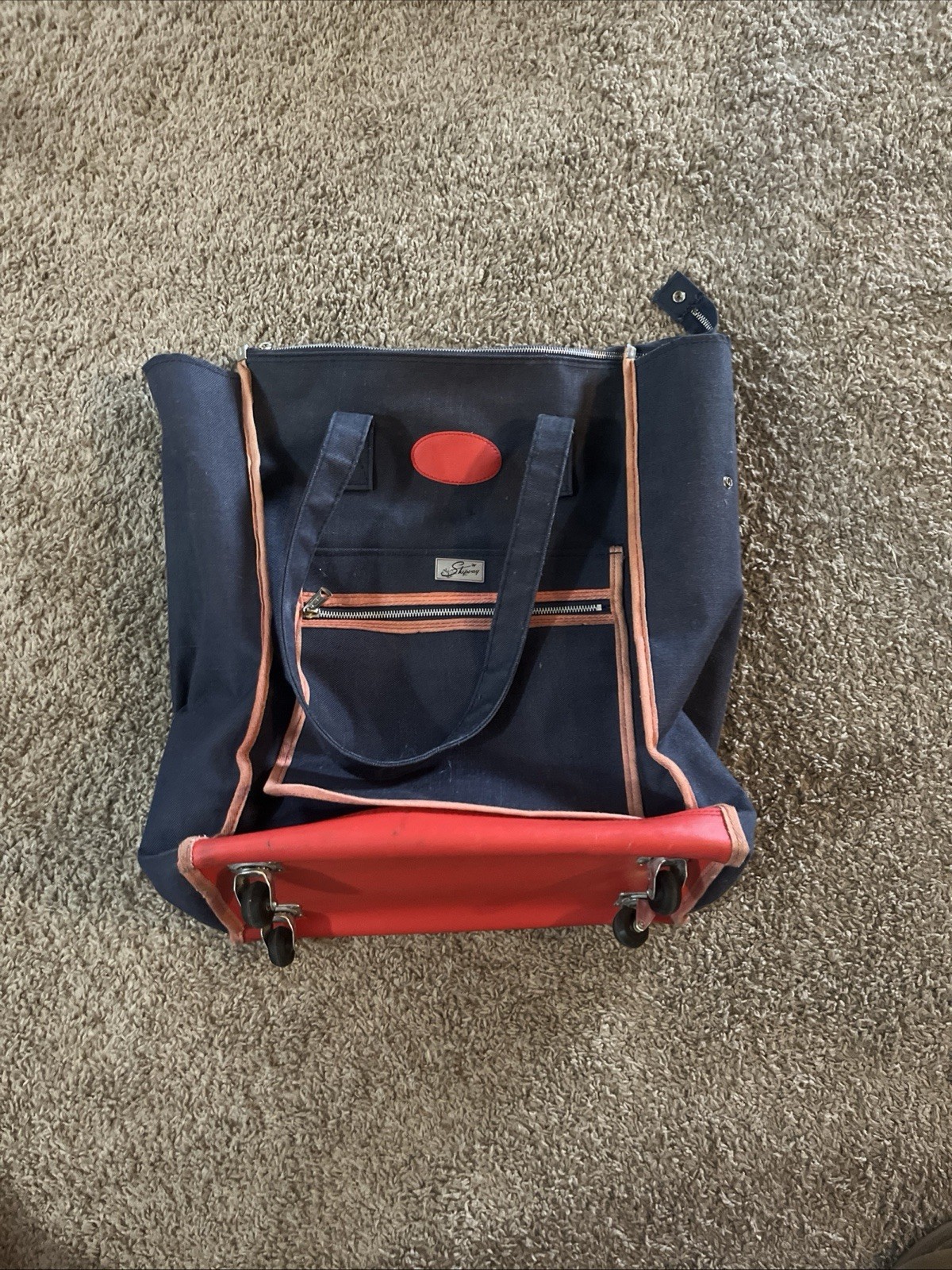 Vintage Skyway Rolling Zippered Tote, Taiwan Navy/ Red