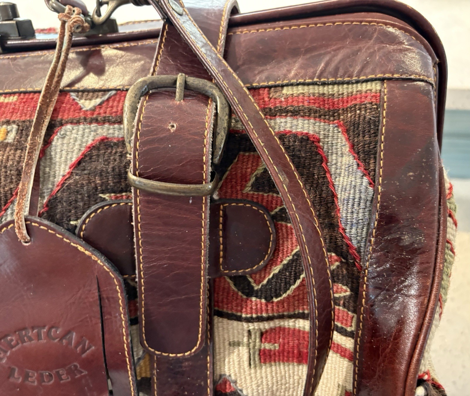 Vintage Leather & Kilim Carry On Travel Weekender Luggage Carpet Bag Overnight