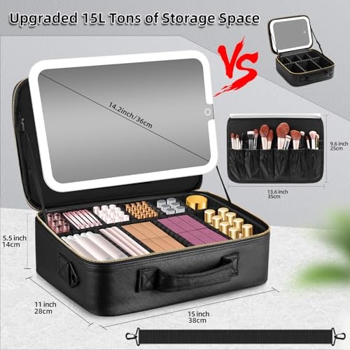 15”X11” Large Makeup Bag with Removable Lighted Black-Removable Mirror
