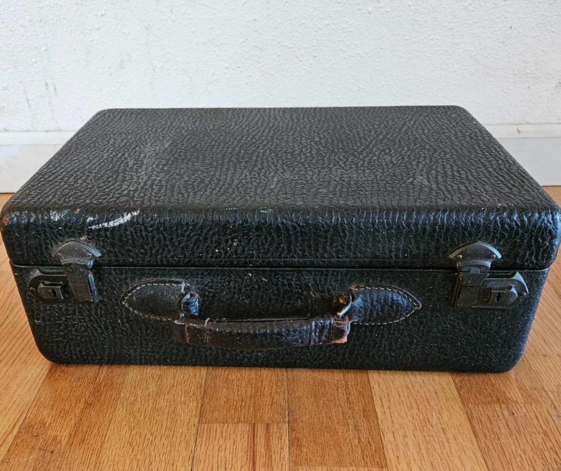 Vintage Mid Century Cowhide Black Leather Travel Vanity Case Rustic Carry Case