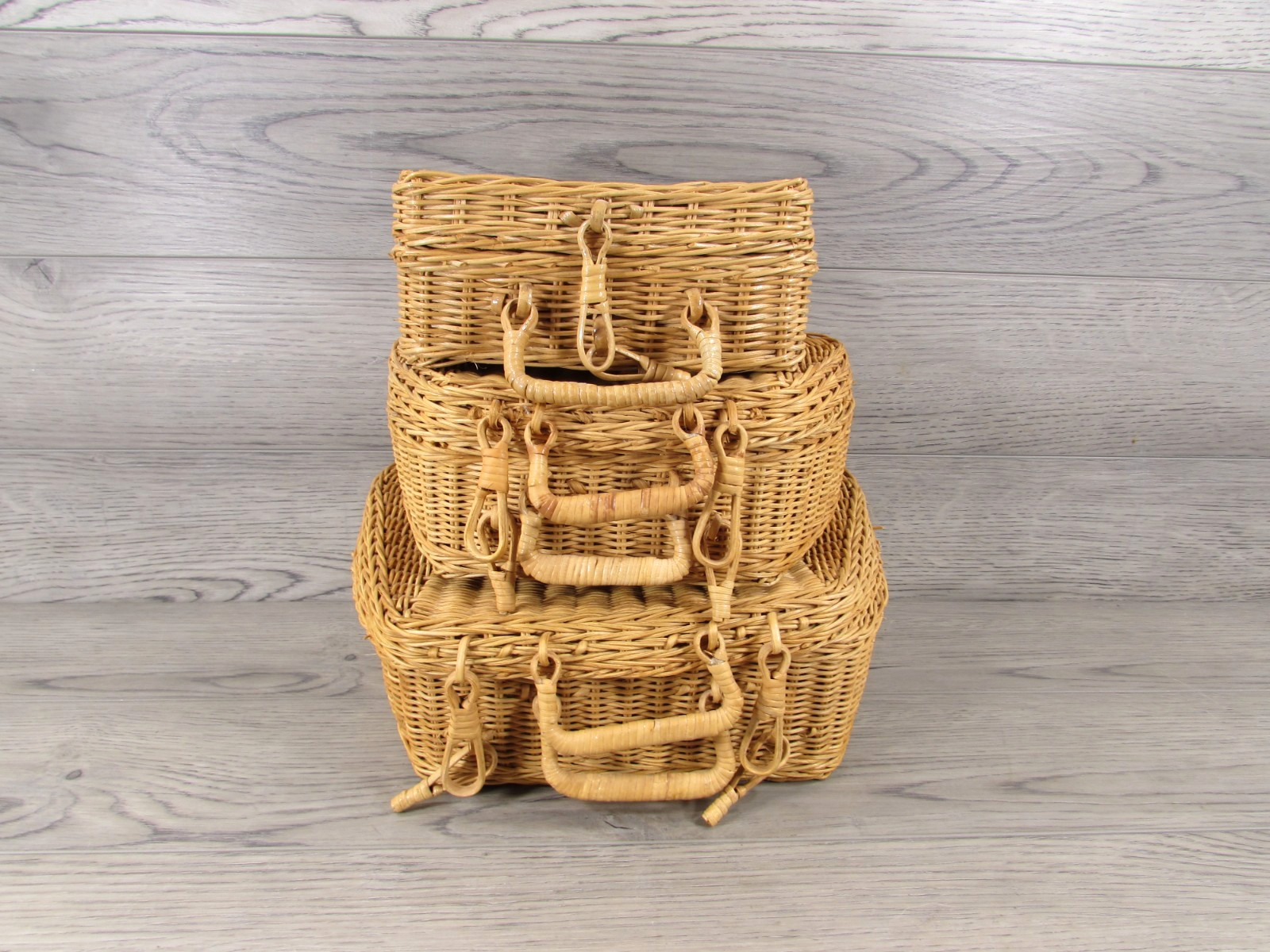Vintage Woven Rattan Wicker Carrying Cases Suitcases Boho Chic Decor Set of 3