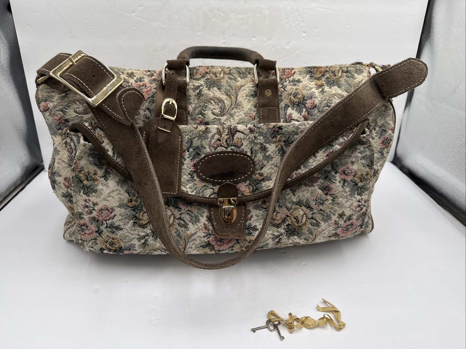 Vintage The French Company Tapestry Weekender Bag with Suede Trim & Key