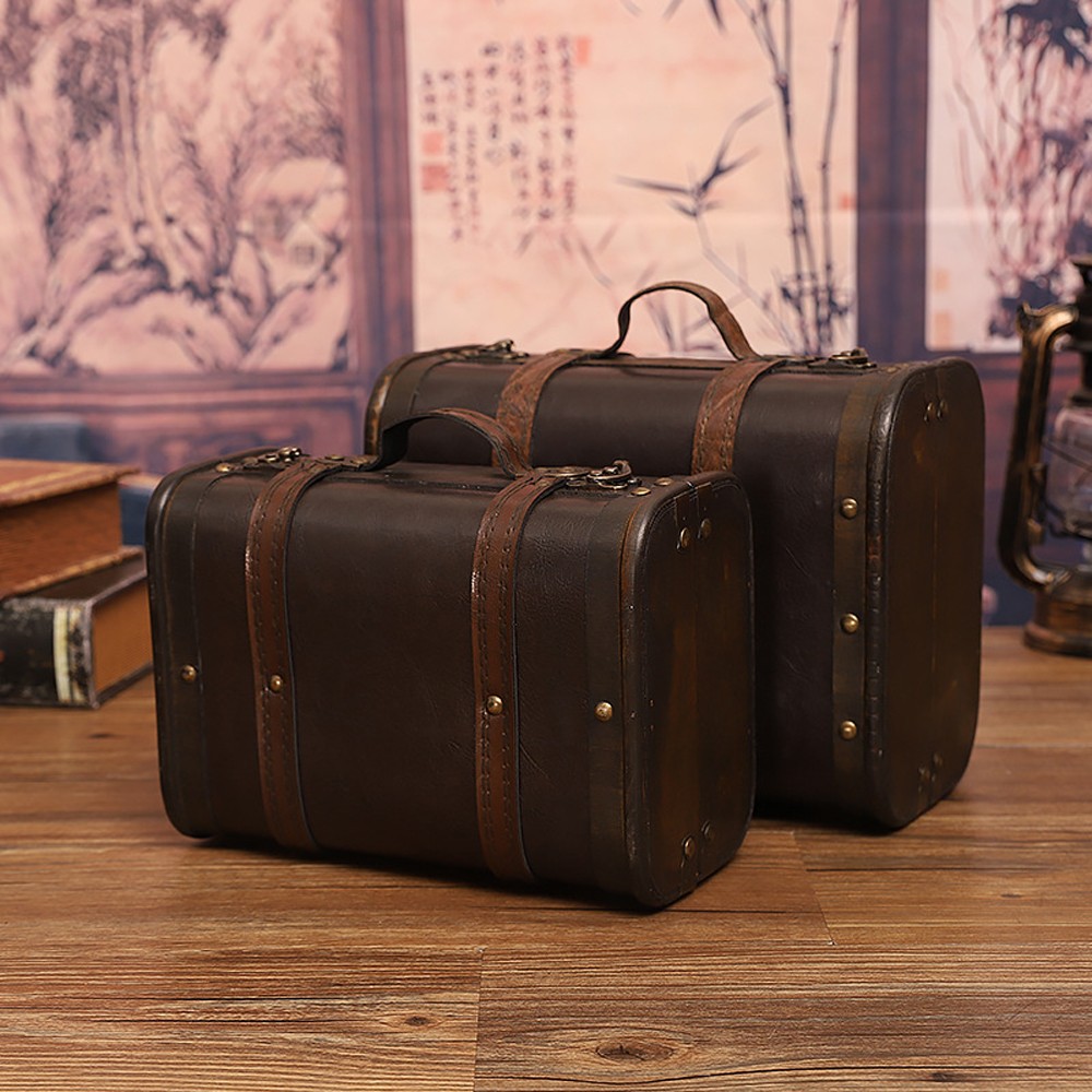 Vintage Wood Leather Antique Suitcase Storage Box Photography Prop Home Decor V1