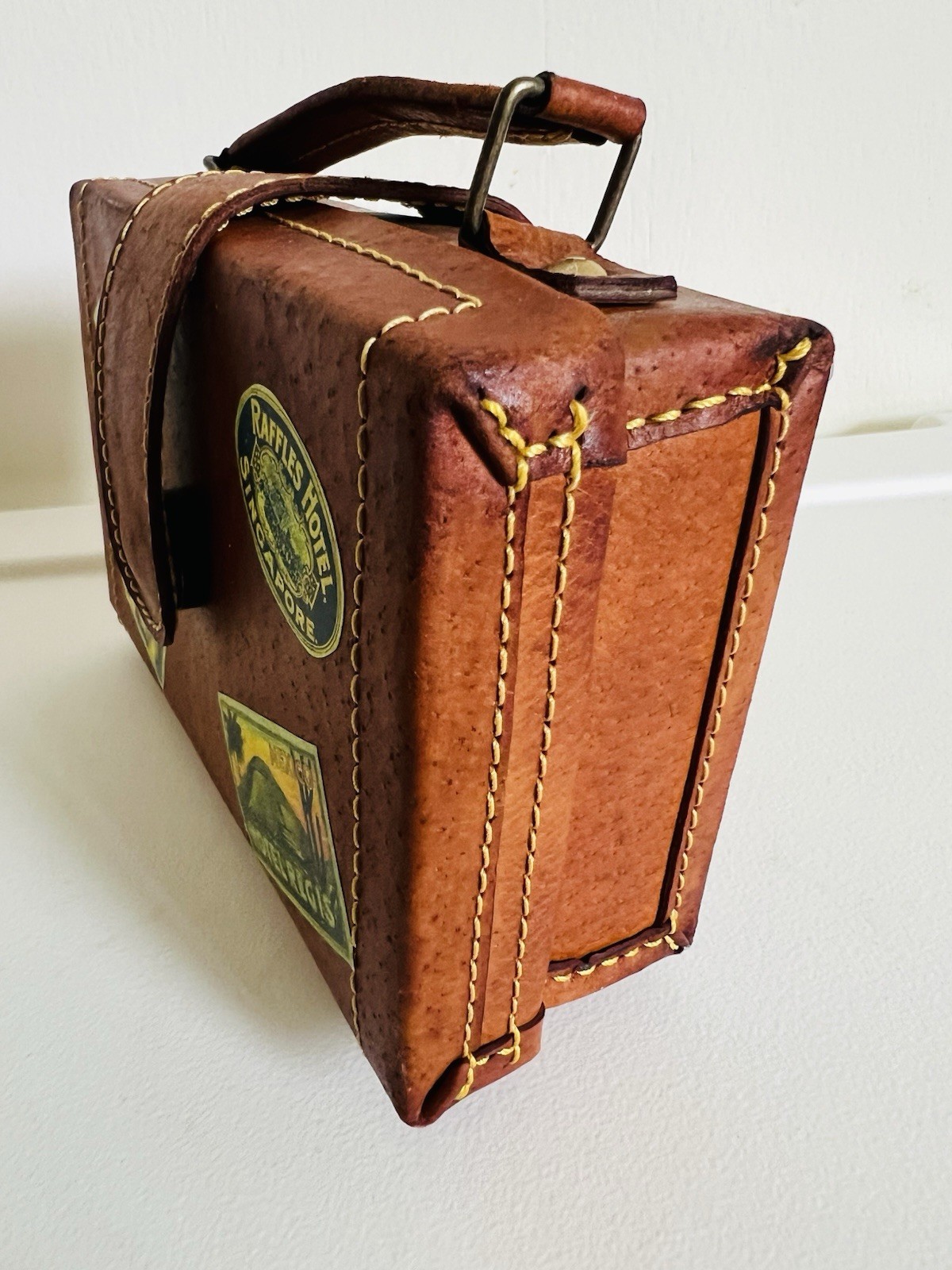 Vintage Leather Case Travel Stickers Magnetic Button Lined Mini Doll Suitcase 6”
