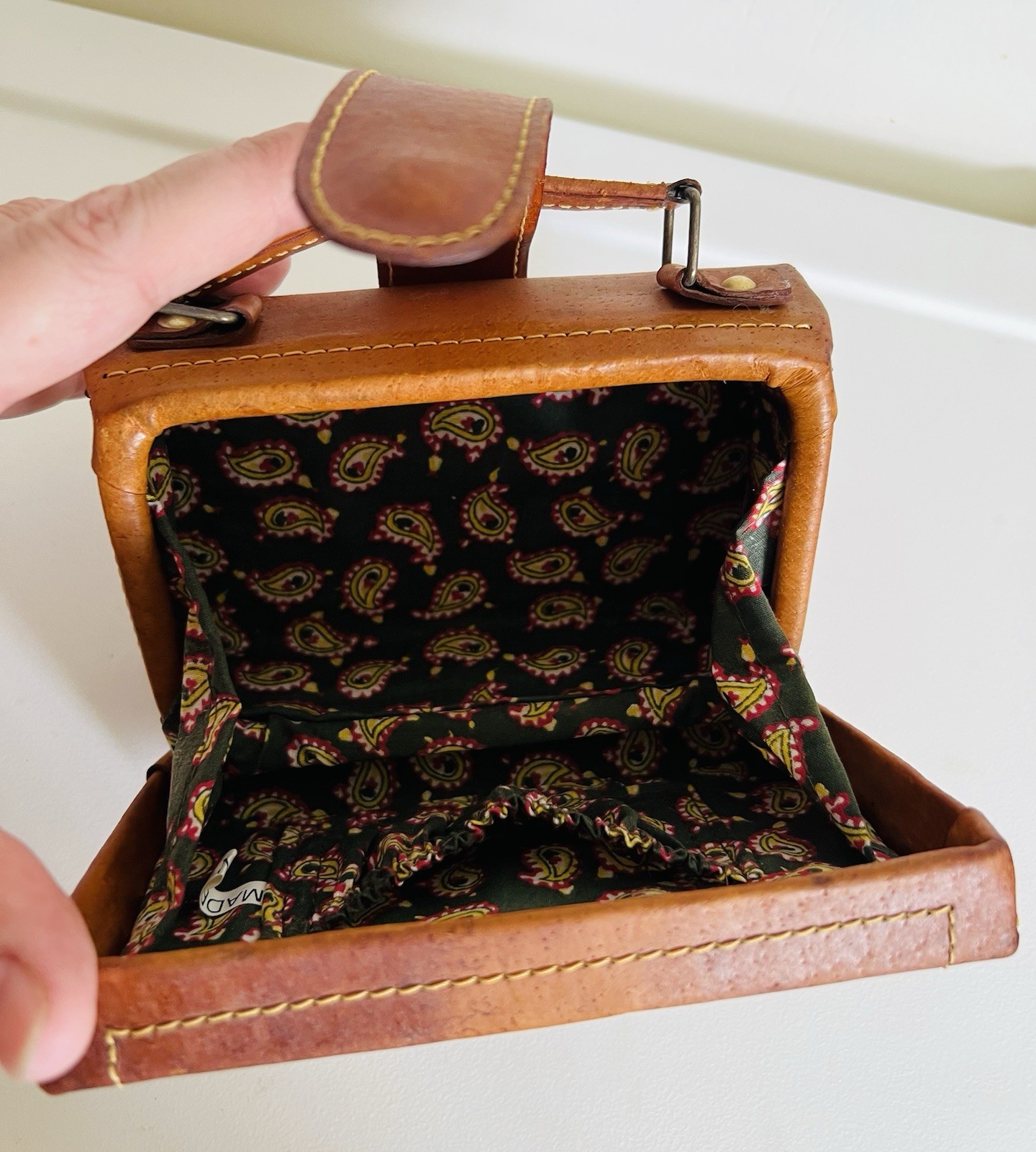Vintage Leather Case Travel Stickers Magnetic Button Lined Mini Doll Suitcase 6”