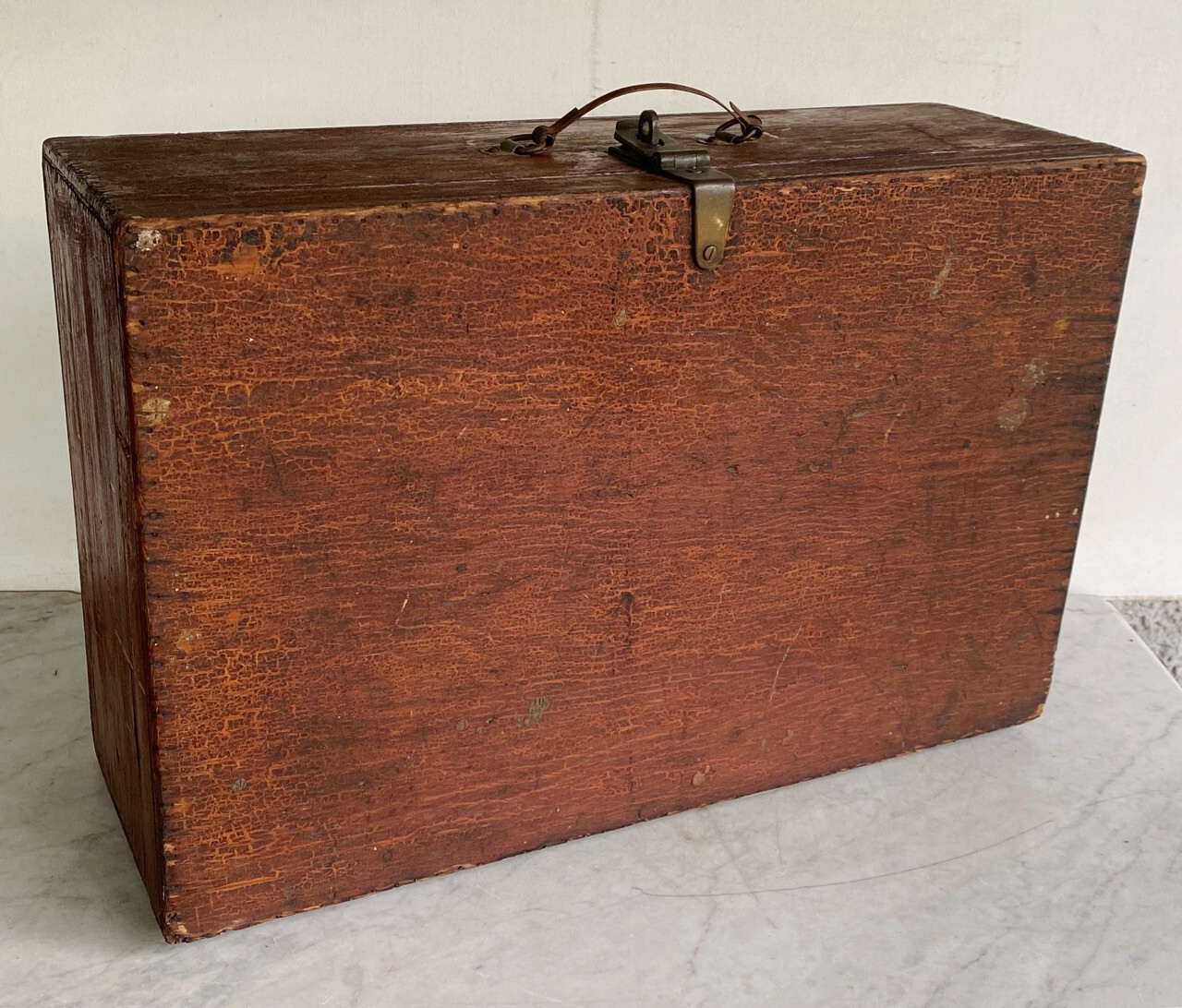 Large Antique Wood Box Trunk Carrying Case with Metal Latch & Hardware Luggage