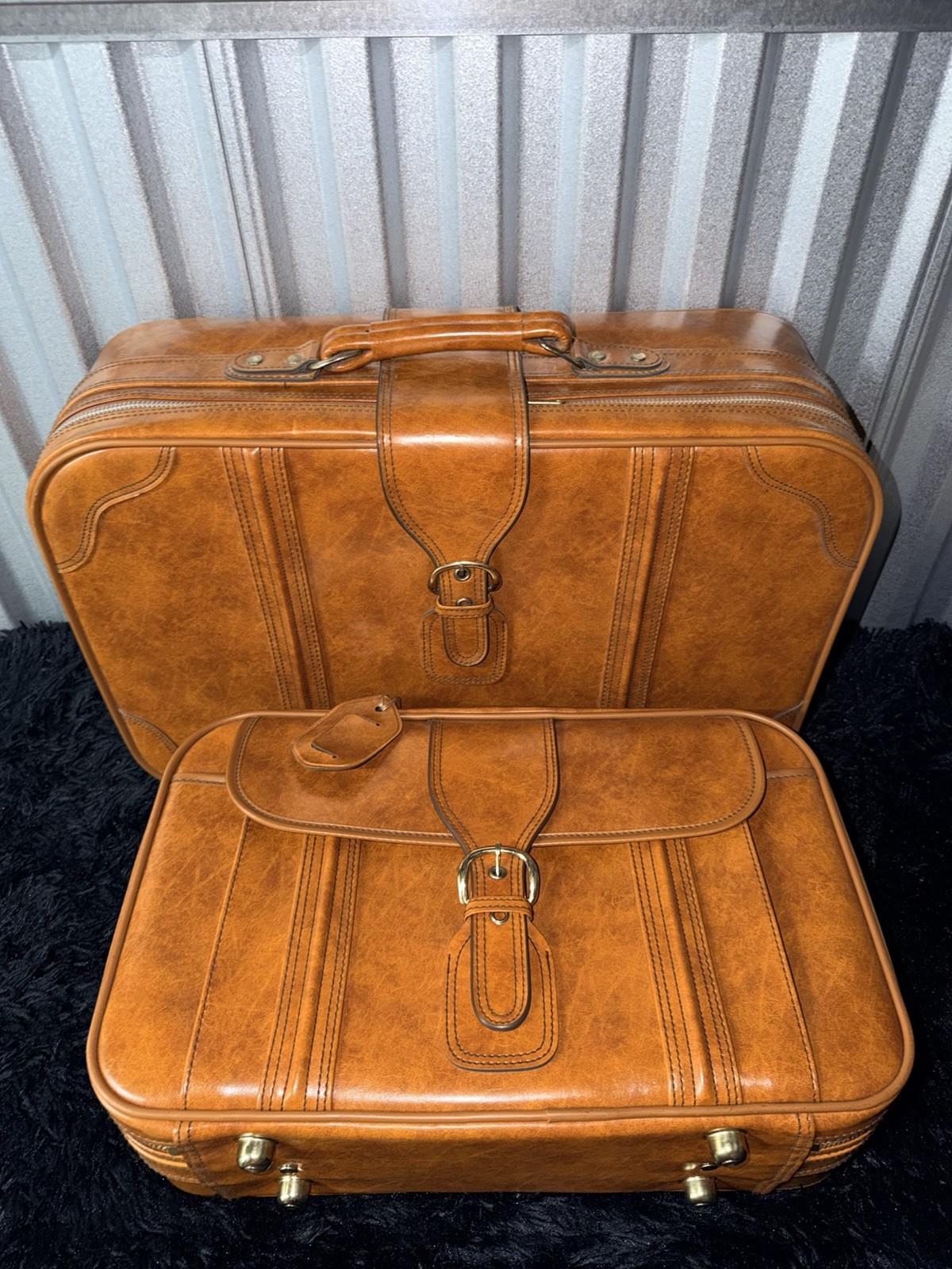 Vintage MCM 70s Brown Faux Leather Luggage Set 2 Pcs Suitcase Buckle Strap