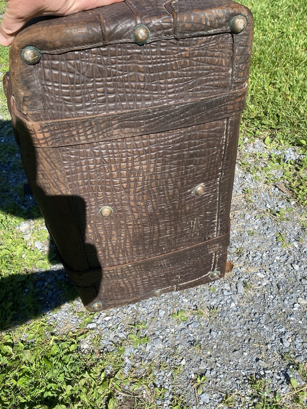 Antique Morris Traveling Goods Walrus Hide Leather Suitcase Brass Lock Vintage