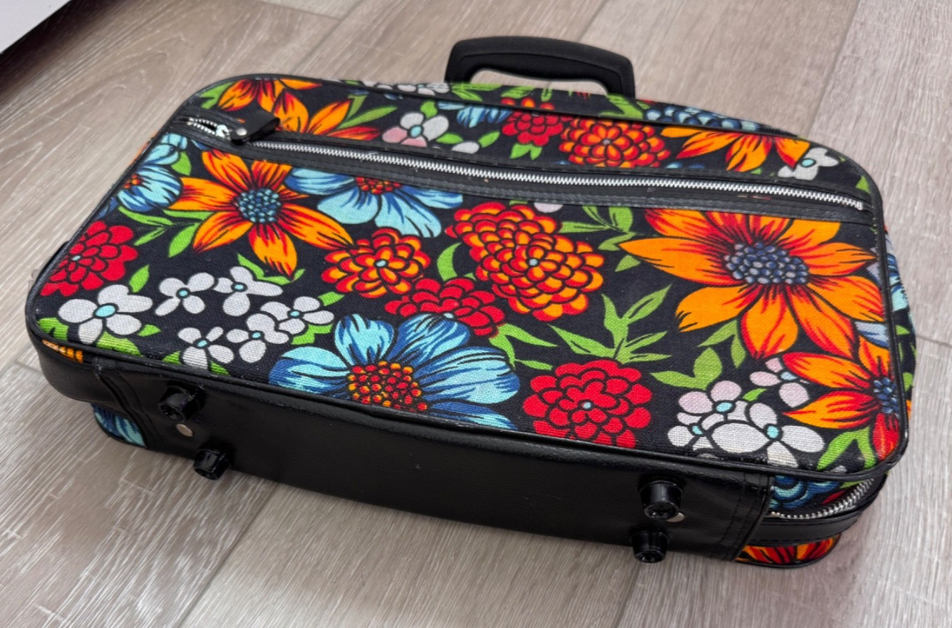 Vtg Floral Train Case Retro Luggage Travelware 1970s Carry Bantam Orange Red Blu
