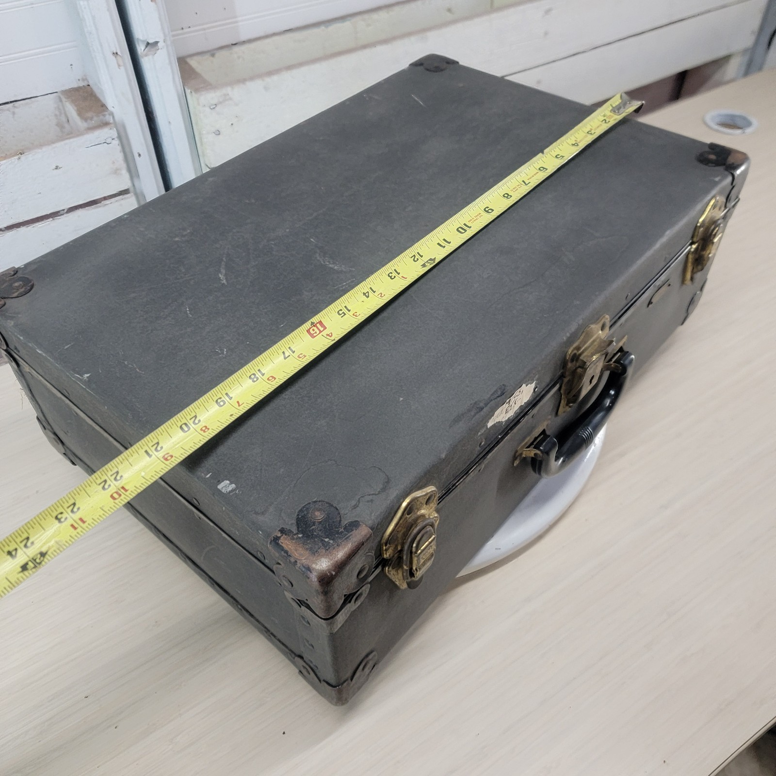 Vintage Suitcase Wayne County Tag Brass Hardware Storage Decor Case