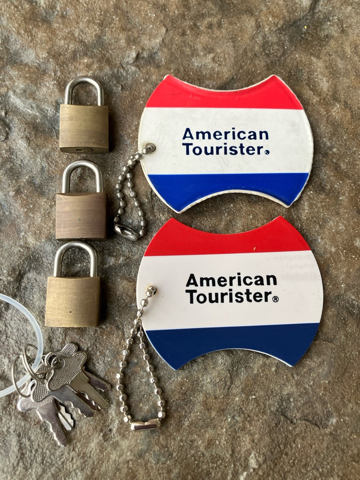 2 Vintage American Tourister Vinyl Luggage Tags and 3 Brass Locks with 6 Keys