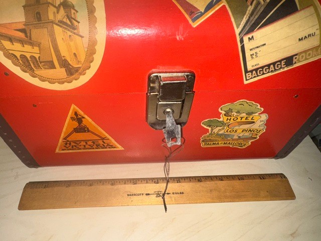 Vintage 40’s Red Overnight Vanity Trunk Case w/Travel Antique Souvenir Stickers