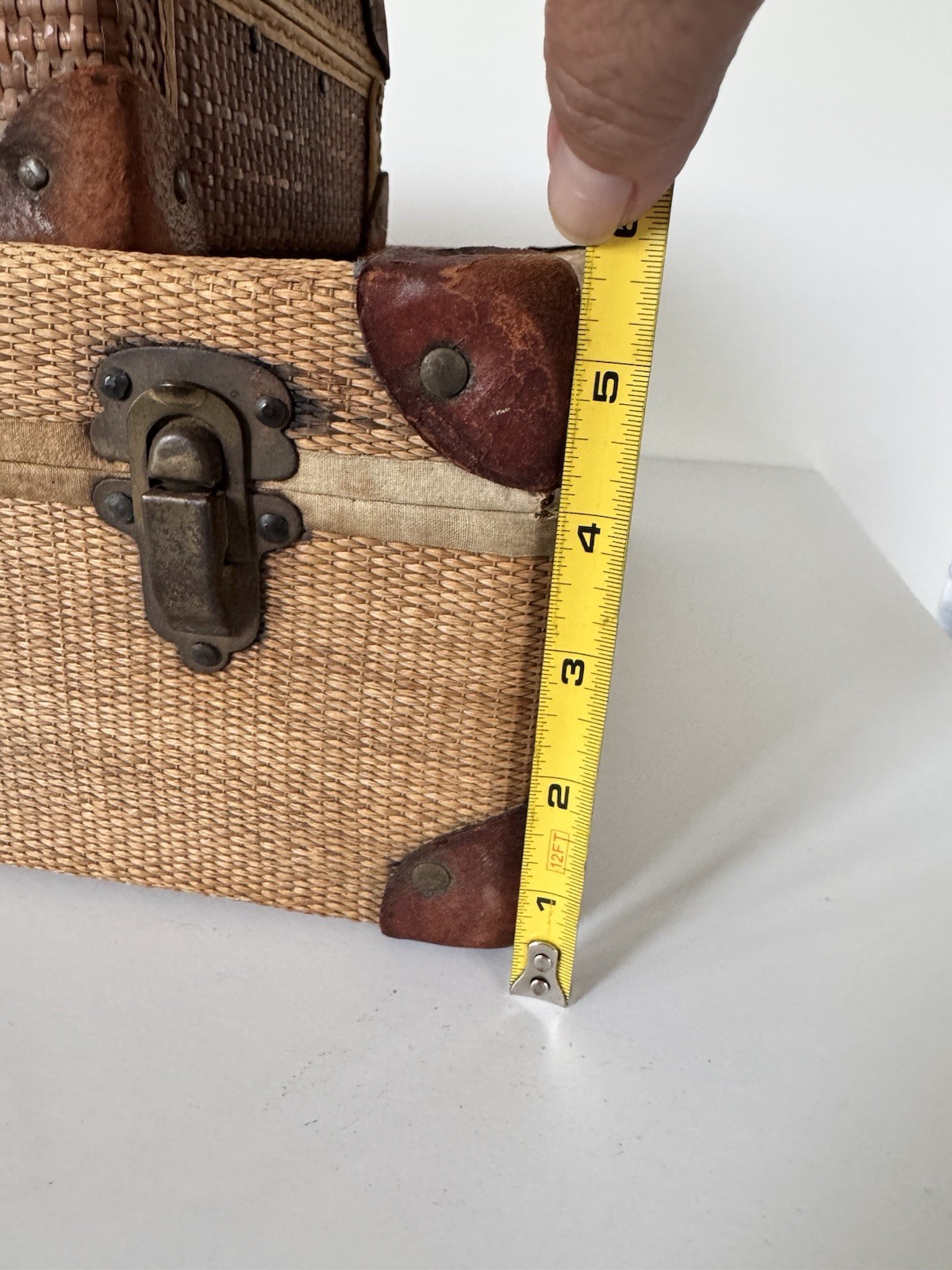 rare antique 19th century handmade woven wicker leather brass travel suitcase