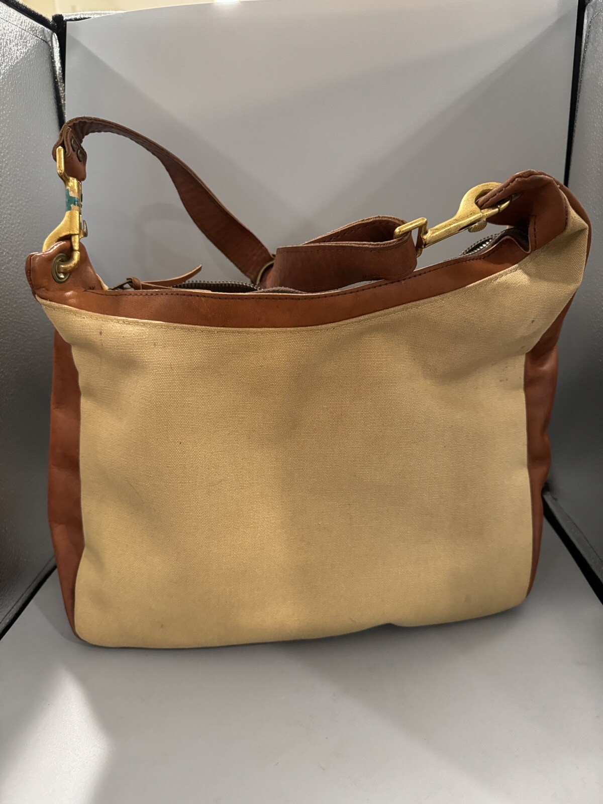 Vintage OLEG CASSINI Travel Bag Leather and Canvas 1970-80s T566