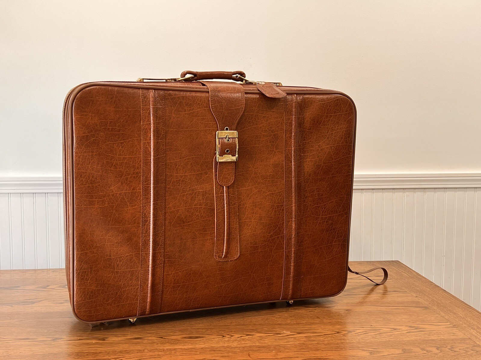FW Woolworth Faux Leather Suitcase W Key Vintage Luggage Pullman Buckle NY MCM