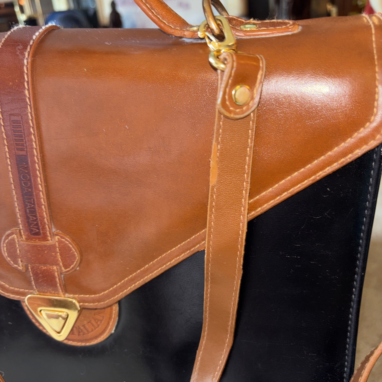 Vintage Moda Italiana Leather Briefcase Attache Black Brown Top Handle & Clasp