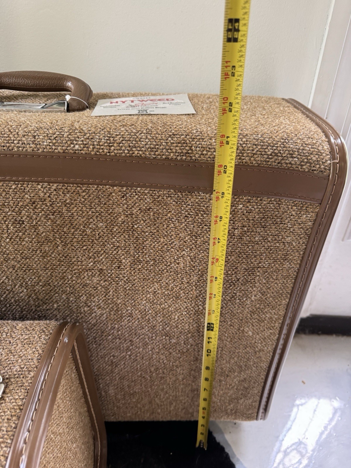Vintage 1970s Skyway Tweed Luggage Set Brown Textured With Leather Like Trim Key