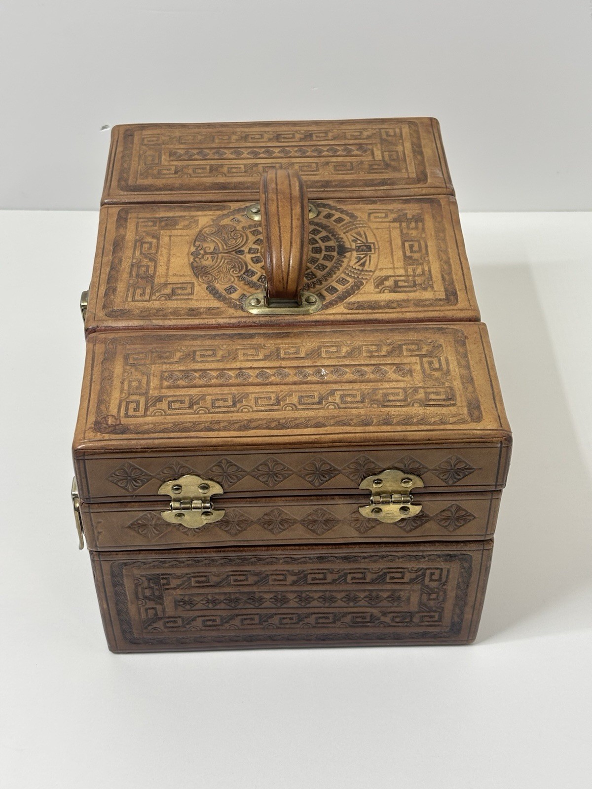 Vintage Tooled Leather Artmex Mexico Travel Overnight Vanity Train Case