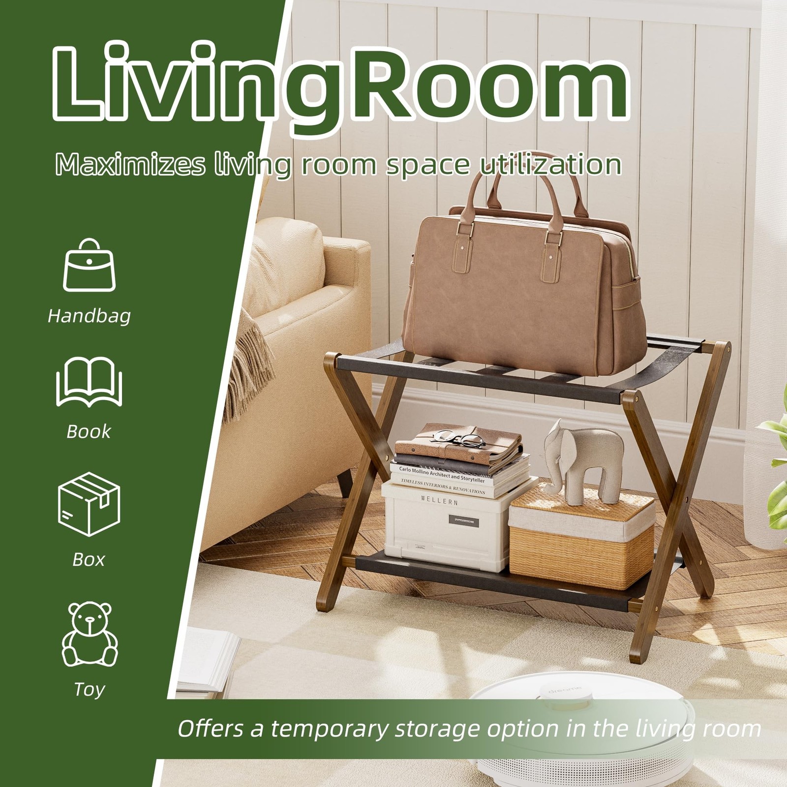 Luggage Rack, Folding Suitcase Stand with Storage Shelf, Premium Bamboo Lugga…