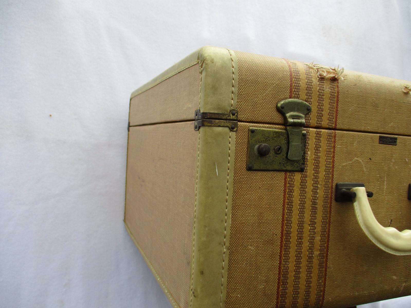Brown/Yellow Tweed Double Stripe Vintage Leather Suitcase Luggage 18x16x11