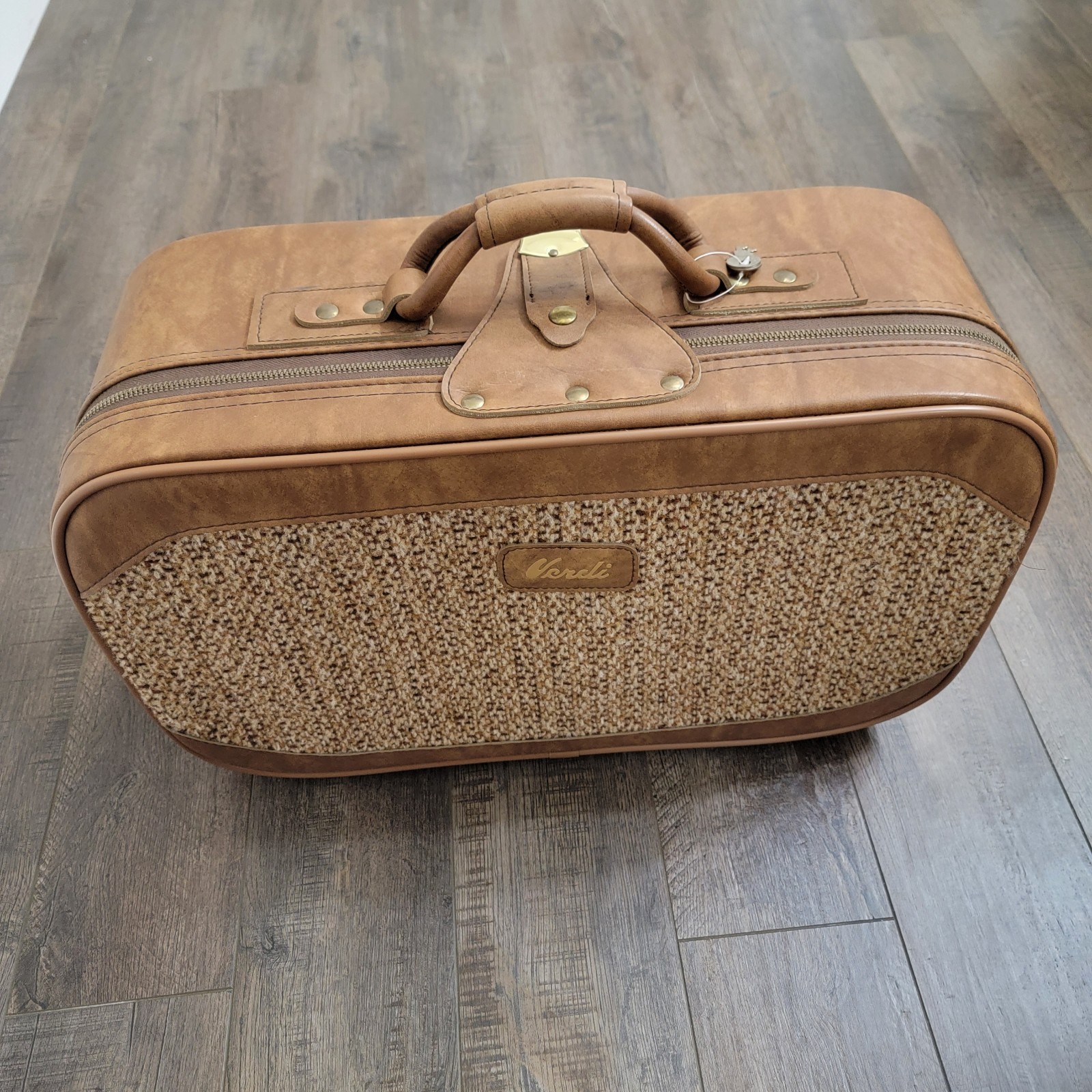 Vintage 70s Verdi Leather Tweed Suitcase Luggage Brown Excellent Condition w/key