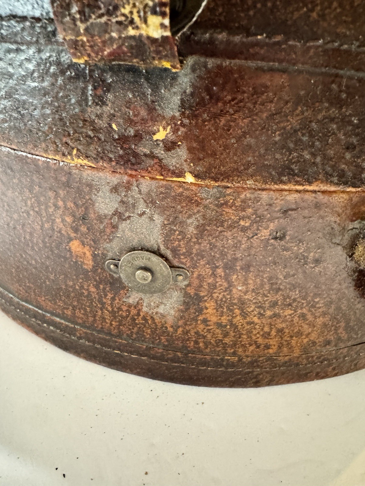 Antique Faux Leather Travel Hat Box Luggage Brown 14x10x9in See Photos