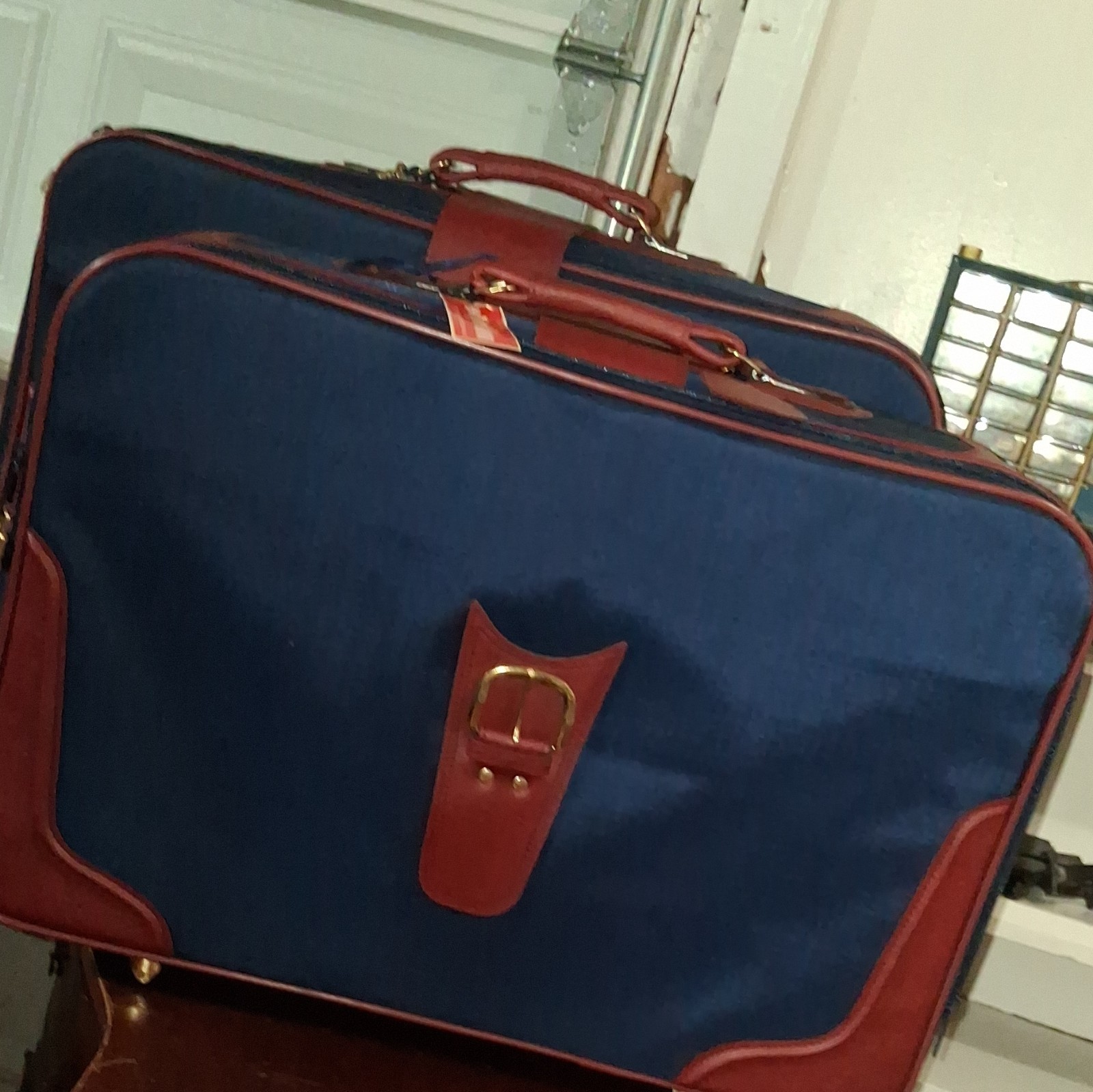 Universal Traveler Vintage Luggage Set Blue Brown Nylon Soft Case Lightweight