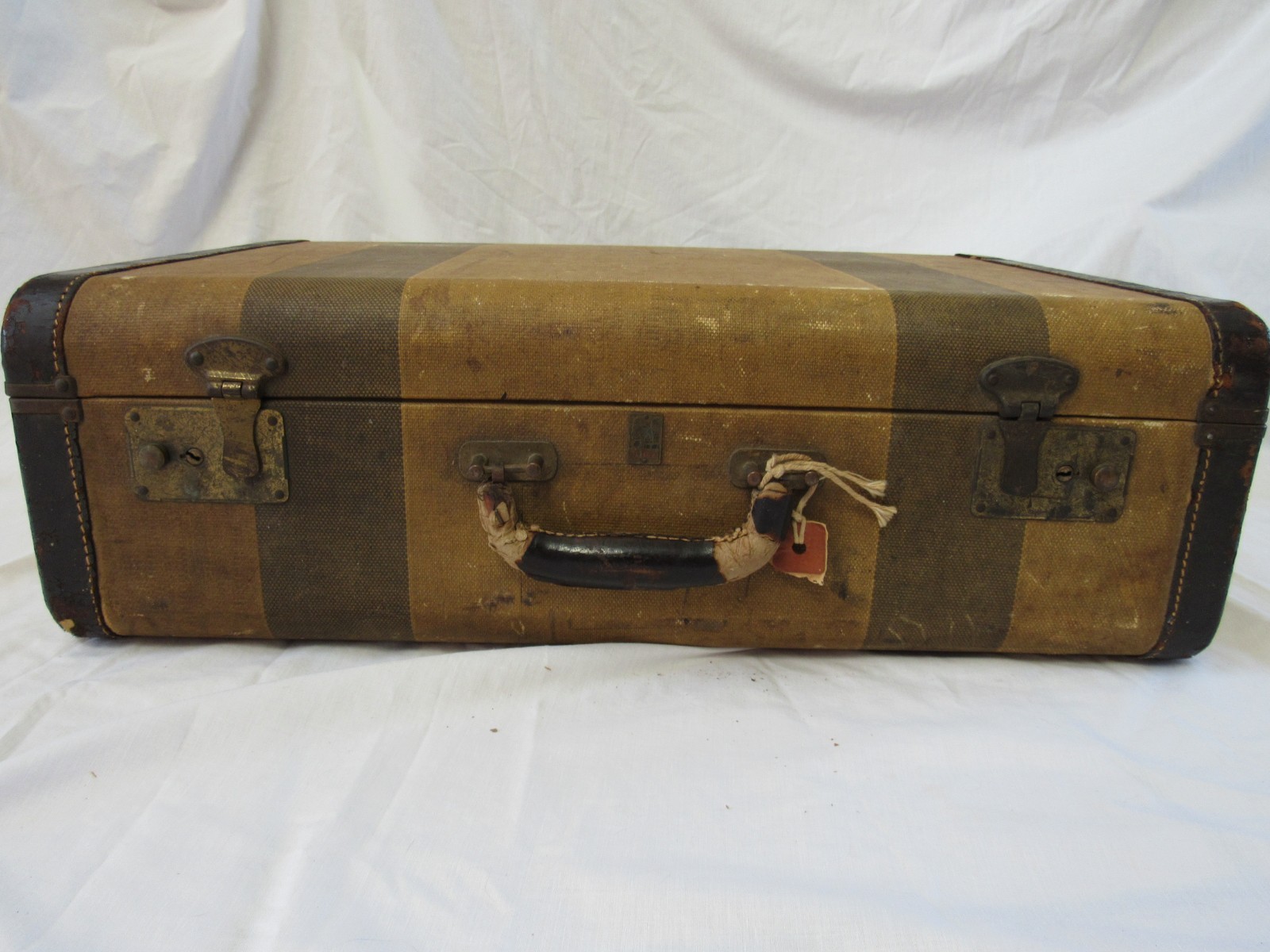 A Vintage Balber Striped Suitcase-Brass Fasteners-Leather Trim & Handle-1930-50s