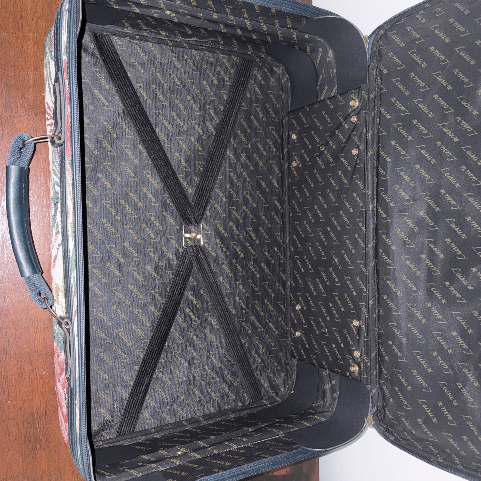 Vintage Leisure Luggage Beautiful Canvas Floral Forest Green Trim Carry On Rolls
