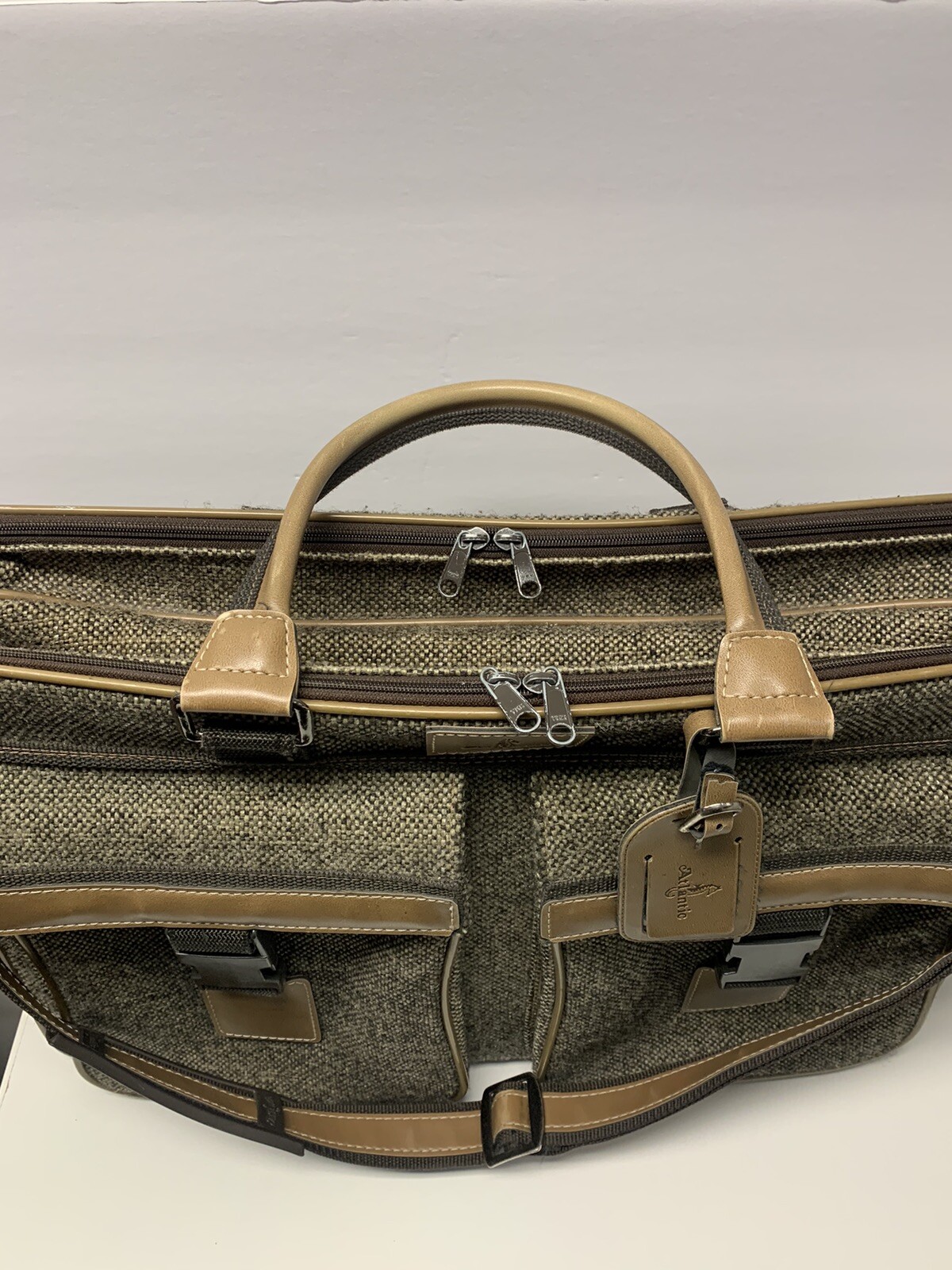 Vintage Large 4 Compartment Tweed And Leather Atlantic Travel Tote