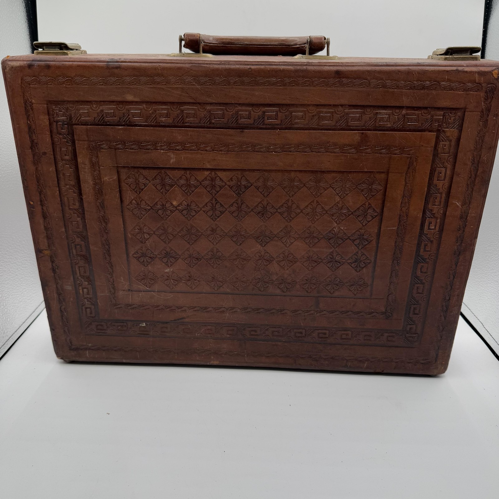Vintage Tooled Leather Briefcase Aztec Calendar Design Large 18 Inch Suitcase