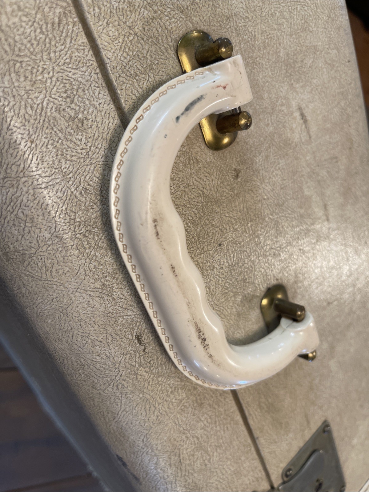 Vintage Large Wedge Suitcase Working Hinges Worn Cream W/ Tattered Purple Silk