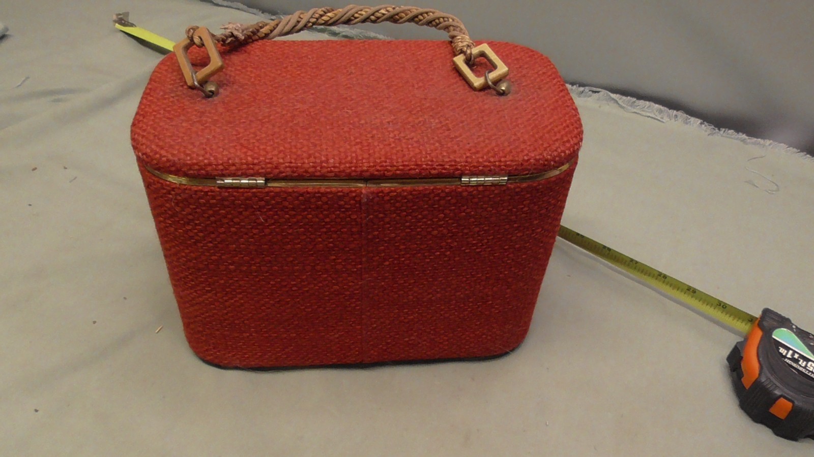 Vintage 60s Red Tweed Train Case Cosmetic Mirror READ Mod Top Handle